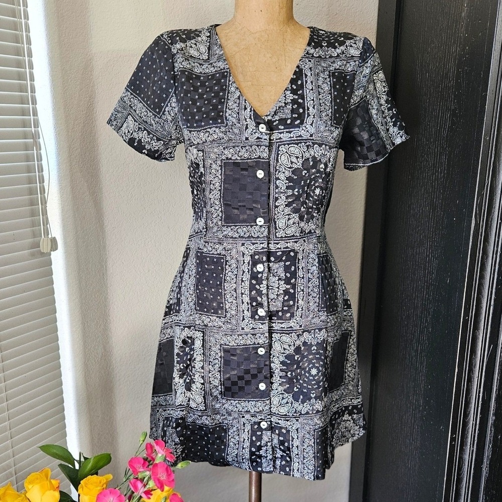 RVCA Bandana Patchwork Mini Dress Black White Button Front S Indie Sleaze